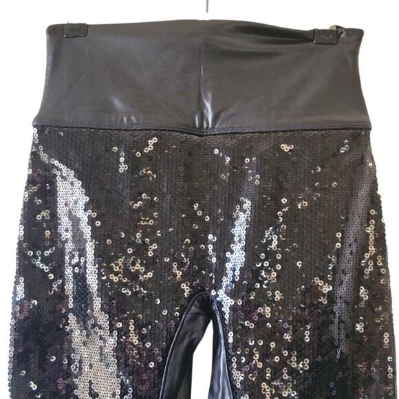 Small Spanx Sequin & Faux Leather Black Leggings, Wide Waist Band - Picture 1 of 4